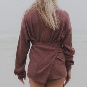 Baserange Shaw Long Sleeve Wrap Top; Ribbed; Mauve/plum color; Size Large